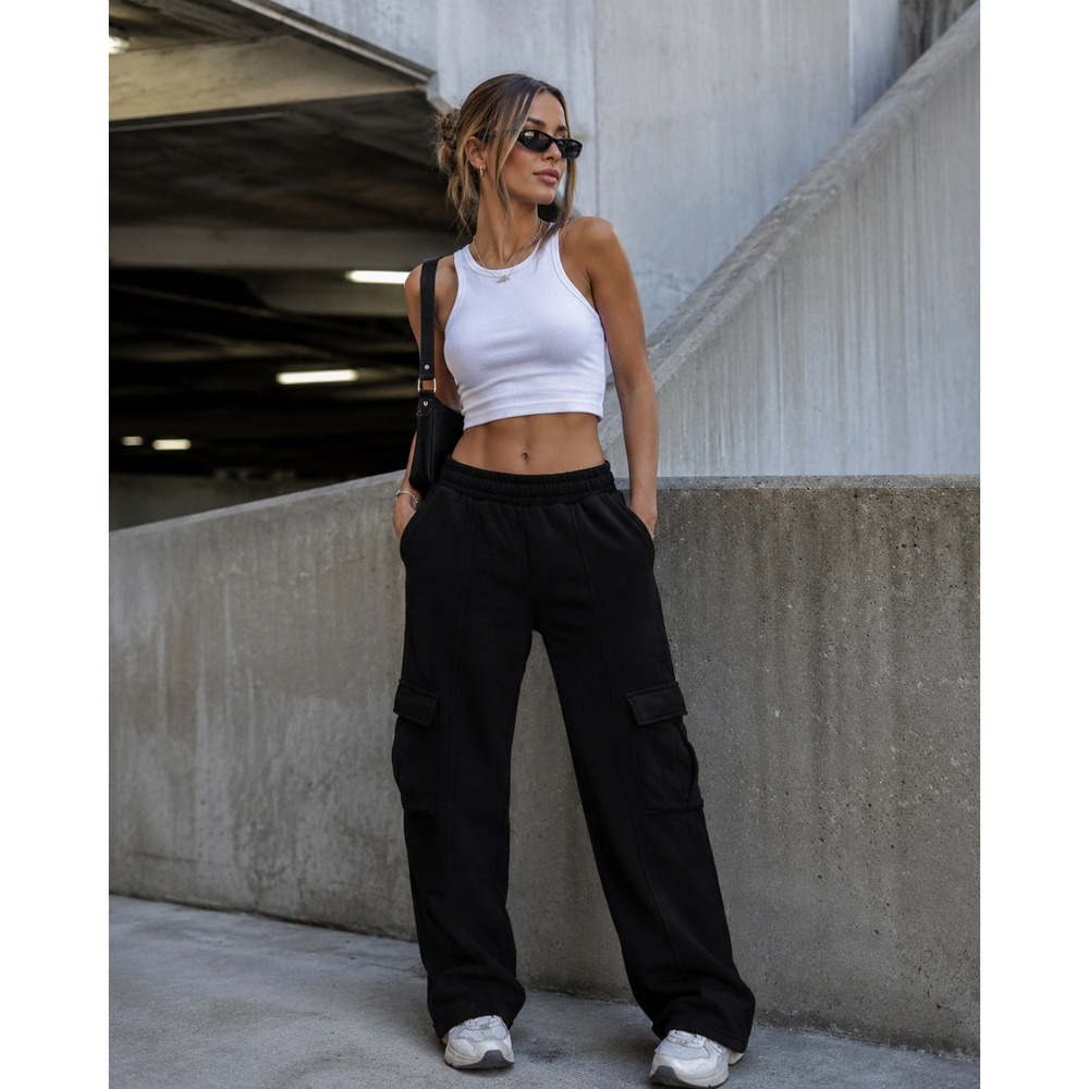 Forever 21 Cargo Sweatpants XS Black Wide Leg Fleece Lined High Rise Pants #1498